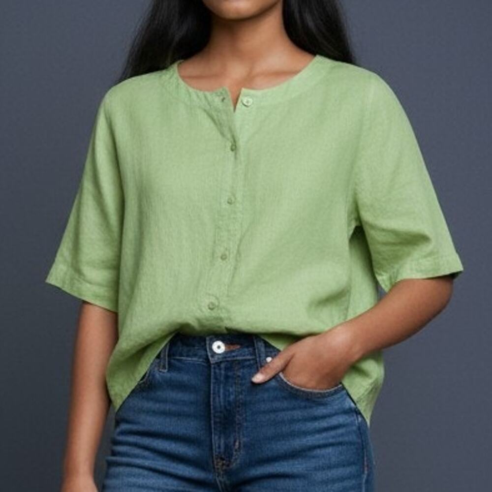 Christopher & Banks Linen Blend Top Sz M Lime Green Minimalist Blouse